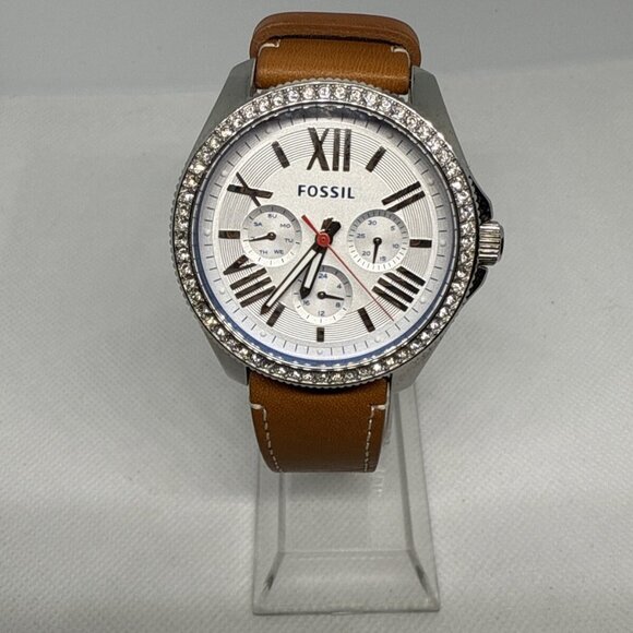 Fossil AM4623 Cecile Crystal Accented 40mm Quartz Brown Leather Strap Women's - Picture 1 of 12
